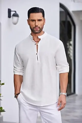 COOFANDY Men's Cotton Linen Henley Shirt Casual Beach Hippie Shirts Long Sleeve T-Shirts - 2
