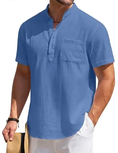 COOFANDY Men's Cotton Linen Henley Shirt Short Sleeve Hippie Casual Beach T-Shirts with Pocket 