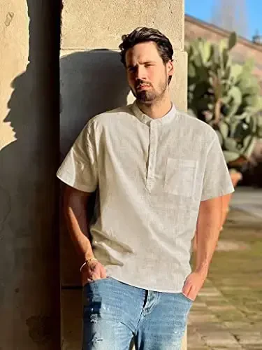 COOFANDY Men's Cotton Linen Henley Shirt Short Sleeve Hippie Casual Beach T-Shirts with Pocket - 6