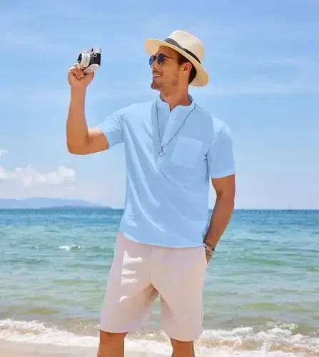 COOFANDY Men's Cotton Linen Henley Shirt Short Sleeve Hippie Casual Beach T-Shirts with Pocket - 4