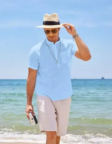 COOFANDY Men's Cotton Linen Henley Shirt Short Sleeve Hippie Casual Beach T-Shirts with Pocket - 6