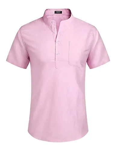 COOFANDY Men's Cotton Linen Henley Shirt Short Sleeve Hippie Casual Beach T-Shirts with Pocket - 2