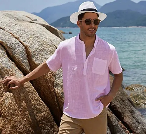 COOFANDY Men's Cotton Linen Henley Shirt Short Sleeve Hippie Casual Beach T-Shirts with Pocket - 4