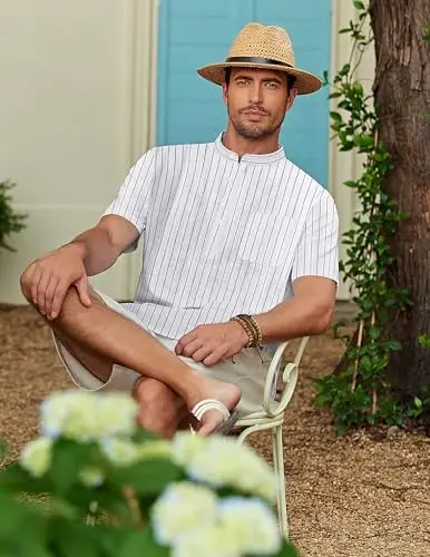 COOFANDY Men's Cotton Linen Henley Shirt Short Sleeve Hippie Casual Beach T-Shirts with Pocket - 2