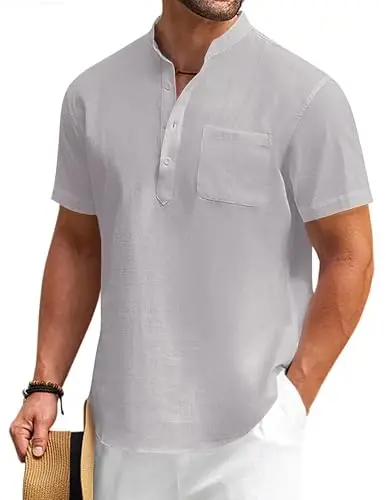COOFANDY Men's Cotton Linen Henley Shirt Short Sleeve Hippie Casual Beach T-Shirts with Pocket - 1