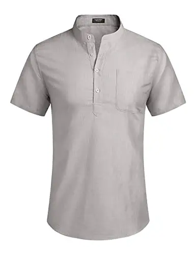 COOFANDY Men's Cotton Linen Henley Shirt Short Sleeve Hippie Casual Beach T-Shirts with Pocket - 2