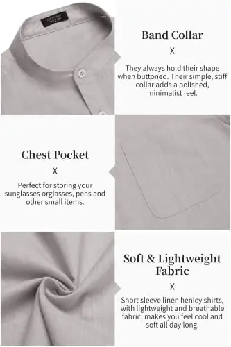 COOFANDY Men's Cotton Linen Henley Shirt Short Sleeve Hippie Casual Beach T-Shirts with Pocket - 5