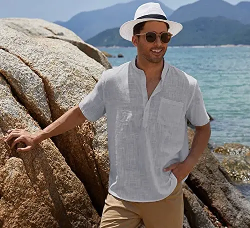 COOFANDY Men's Cotton Linen Henley Shirt Short Sleeve Hippie Casual Beach T-Shirts with Pocket - 6