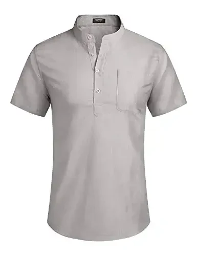 COOFANDY Men's Cotton Linen Henley Shirt Short Sleeve Hippie Casual Beach T-Shirts with Pocket - 2