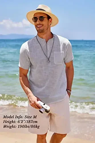 COOFANDY Men's Cotton Linen Henley Shirt Short Sleeve Hippie Casual Beach T-Shirts with Pocket - 3