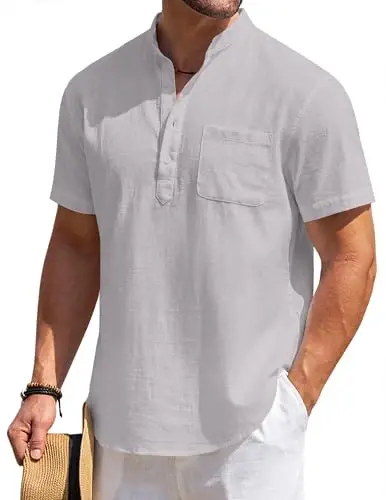 COOFANDY Men's Cotton Linen Henley Shirt Short Sleeve Hippie Casual Beach T-Shirts with Pocket - 2
