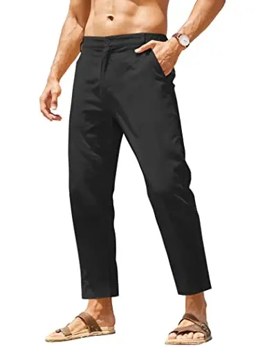 COOFANDY Men's Cotton Linen Pants Elastic Waist Lightweight Casual Pants Relaxed Fit Yoga Beach Pants with Pockets - 1