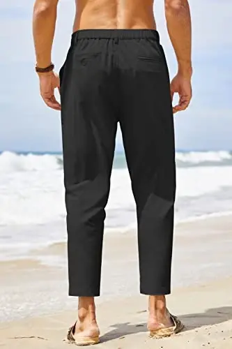 COOFANDY Men's Cotton Linen Pants Elastic Waist Lightweight Casual Pants Relaxed Fit Yoga Beach Pants with Pockets - 4