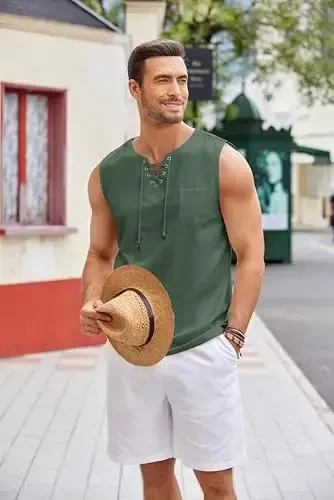 COOFANDY Men's Cotton Linen Tank Top Shirts Casual Sleeveless Lace Up Beach Hippie Tops Bohemian Renaissance Pirate Tunic - 4