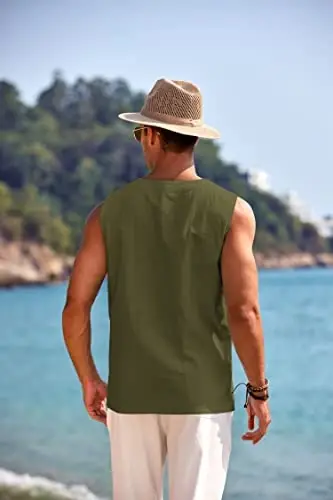 COOFANDY Men's Cotton Linen Tank Top Shirts Casual Sleeveless Lace Up Beach Hippie Tops Bohemian Renaissance Pirate Tunic - 3