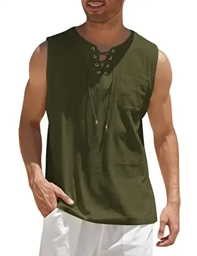 COOFANDY Men's Cotton Linen Tank Top Shirts Casual Sleeveless Lace Up Beach Hippie Tops Bohemian Renaissance Pirate Tunic 
