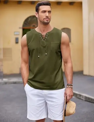 COOFANDY Men's Cotton Linen Tank Top Shirts Casual Sleeveless Lace Up Beach Hippie Tops Bohemian Renaissance Pirate Tunic - 4