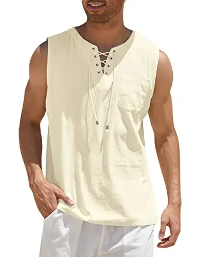 COOFANDY Men's Cotton Linen Tank Top Shirts Casual Sleeveless Lace Up Beach Hippie Tops Bohemian Renaissance Pirate Tunic 