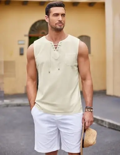 COOFANDY Men's Cotton Linen Tank Top Shirts Casual Sleeveless Lace Up Beach Hippie Tops Bohemian Renaissance Pirate Tunic - 2