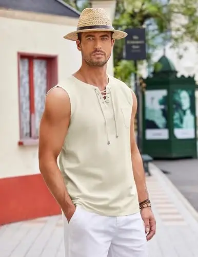 COOFANDY Men's Cotton Linen Tank Top Shirts Casual Sleeveless Lace Up Beach Hippie Tops Bohemian Renaissance Pirate Tunic - 4