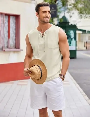COOFANDY Men's Cotton Linen Tank Top Shirts Casual Sleeveless Lace Up Beach Hippie Tops Bohemian Renaissance Pirate Tunic - 3