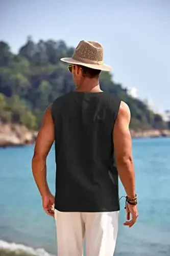 COOFANDY Men's Cotton Linen Tank Top Shirts Casual Sleeveless Lace Up Beach Hippie Tops Bohemian Renaissance Pirate Tunic - 3