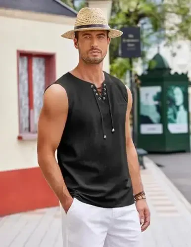 COOFANDY Men's Cotton Linen Tank Top Shirts Casual Sleeveless Lace Up Beach Hippie Tops Bohemian Renaissance Pirate Tunic - 5