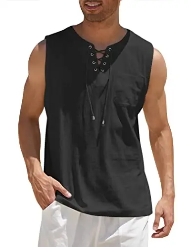 COOFANDY Men's Cotton Linen Tank Top Shirts Casual Sleeveless Lace Up Beach Hippie Tops Bohemian Renaissance Pirate Tunic - 1