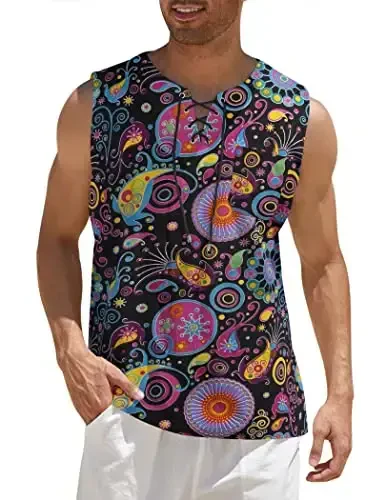 COOFANDY Men's Cotton Linen Tank Top Shirts Casual Sleeveless Lace Up Beach Hippie Tops Bohemian Renaissance Pirate Tunic 