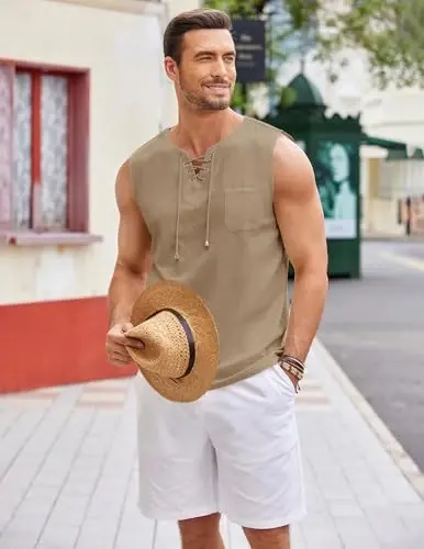 COOFANDY Men's Cotton Linen Tank Top Shirts Casual Sleeveless Lace Up Beach Hippie Tops Bohemian Renaissance Pirate Tunic - 3