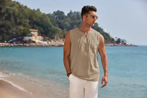 COOFANDY Men's Cotton Linen Tank Top Shirts Casual Sleeveless Lace Up Beach Hippie Tops Bohemian Renaissance Pirate Tunic - 4