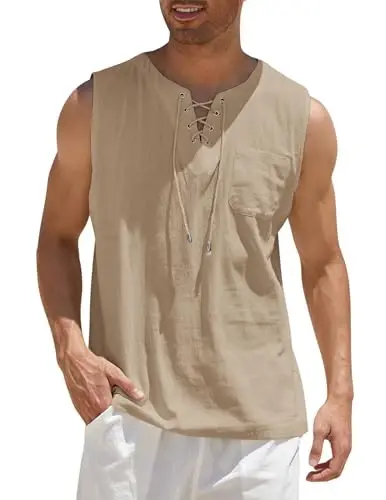 COOFANDY Men's Cotton Linen Tank Top Shirts Casual Sleeveless Lace Up Beach Hippie Tops Bohemian Renaissance Pirate Tunic - COOFANDY