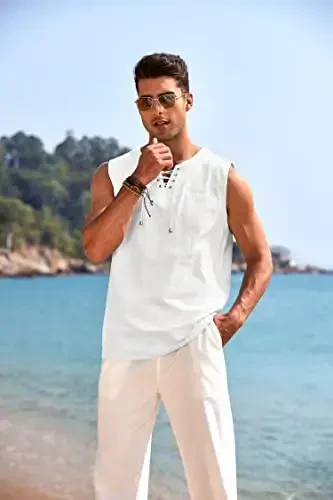 COOFANDY Men's Cotton Linen Tank Top Shirts Casual Sleeveless Lace Up Beach Hippie Tops Bohemian Renaissance Pirate Tunic - 4