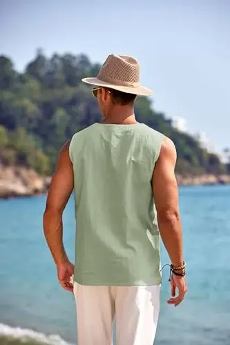 COOFANDY Men's Cotton Linen Tank Top Shirts Casual Sleeveless Lace Up Beach Hippie Tops Bohemian Renaissance Pirate Tunic - 5