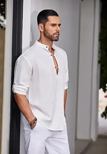 COOFANDY Men's Cotton Linen Henley Shirt Casual Beach Hippie Shirts Long Sleeve T-Shirts - 3