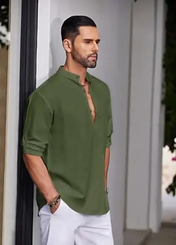 COOFANDY Men's Cotton Linen Henley Shirt Casual Beach Hippie Shirts Long Sleeve T-Shirts - 5