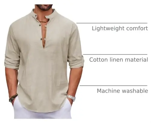COOFANDY Men's Cotton Linen Henley Shirt Casual Beach Hippie Shirts Long Sleeve T-Shirts 