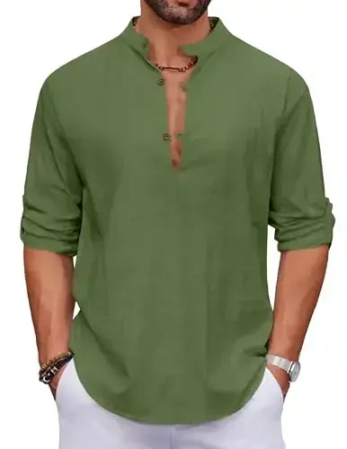 COOFANDY Men's Cotton Linen Henley Shirt Casual Beach Hippie Shirts Long Sleeve T-Shirts - 1