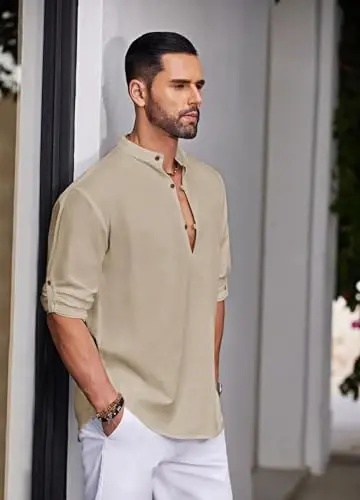COOFANDY Men's Cotton Linen Henley Shirt Casual Beach Hippie Shirts Long Sleeve T-Shirts - 3