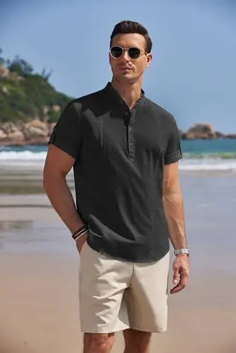 COOFANDY Men's Cotton Linen Henley Shirt Short Sleeve Hippie Casual Band Collar Summer Beach T-Shirts - 2