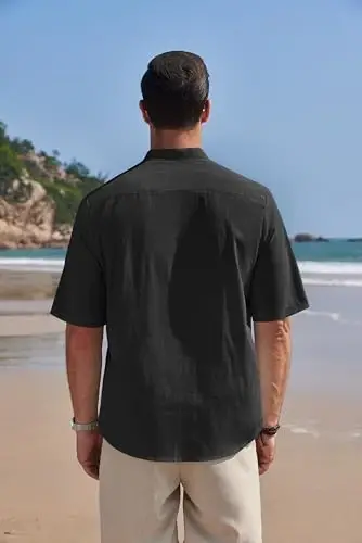 COOFANDY Men's Cotton Linen Henley Shirt Short Sleeve Hippie Casual Band Collar Summer Beach T-Shirts - 3
