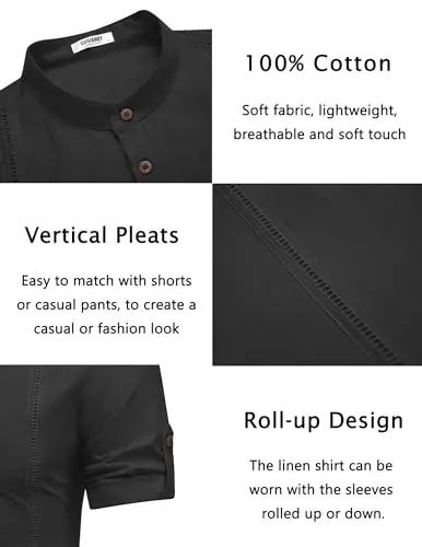 COOFANDY Men's Cotton Linen Henley Shirt Short Sleeve Hippie Casual Band Collar Summer Beach T-Shirts - 5