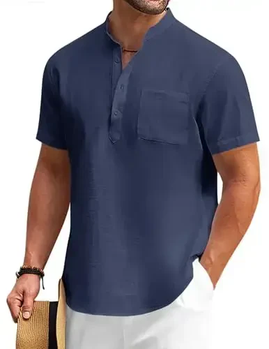 COOFANDY Men's Cotton Linen Henley Shirt Short Sleeve Hippie Casual Beach T-Shirts with Pocket 