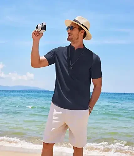 COOFANDY Men's Cotton Linen Henley Shirt Short Sleeve Hippie Casual Beach T-Shirts with Pocket - 4