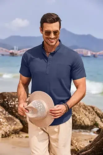 COOFANDY Men's Cotton Linen Henley Shirt Short Sleeve Hippie Casual Beach T-Shirts with Pocket - 6