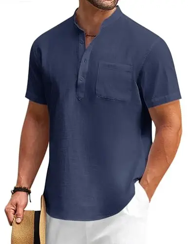 COOFANDY Men's Cotton Linen Henley Shirt Short Sleeve Hippie Casual Beach T-Shirts with Pocket - 1