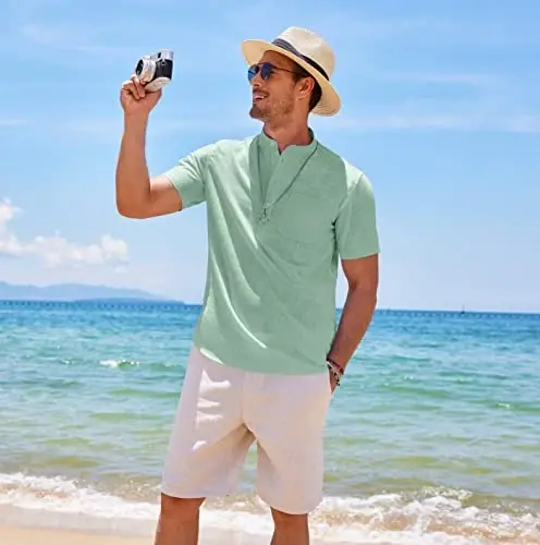 COOFANDY Men's Cotton Linen Henley Shirt Short Sleeve Hippie Casual Beach T-Shirts with Pocket - 4
