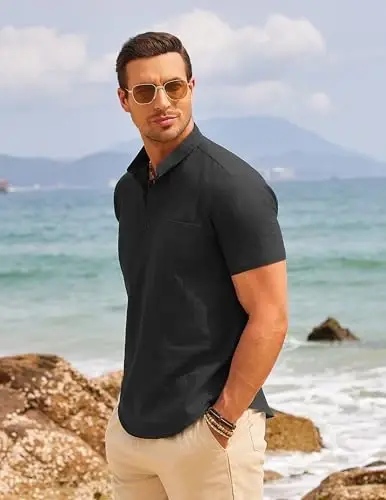 COOFANDY Men's Cotton Linen Henley Shirt Short Sleeve Hippie Casual Beach T-Shirts with Pocket - 4