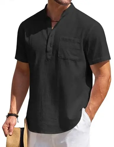 COOFANDY Men's Cotton Linen Henley Shirt Short Sleeve Hippie Casual Beach T-Shirts with Pocket 