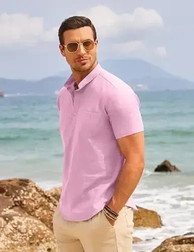 COOFANDY Men's Cotton Linen Henley Shirt Short Sleeve Hippie Casual Beach T-Shirts with Pocket - 3